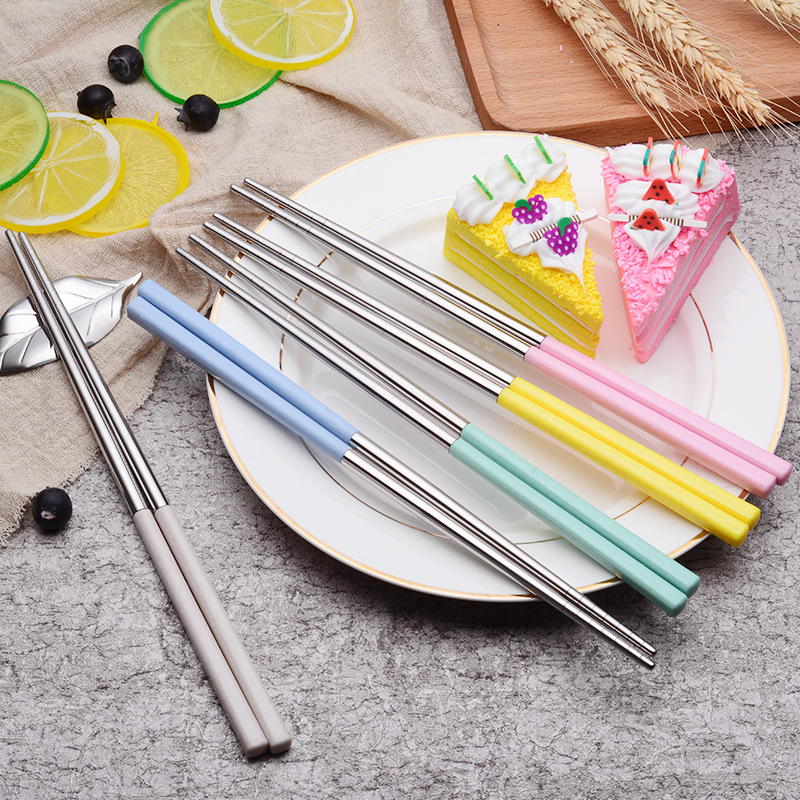SOURCE Factory Direct Supply 5 Pairs of Wheat Straw 304 Stainless Steel Chopsticks Tableware Large Wholesale Degradable Material
