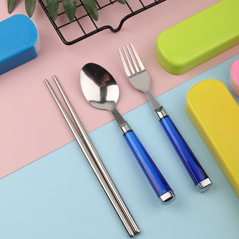 New Stainless Steel Portable Three-Piece Tableware Outdoor Travel Student Chopsticks Spoon Fork Gift Set