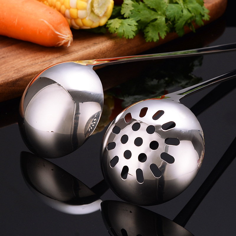 Long Handle Stainless Steel Soup Ladle Soup Ladle Leak Thickened Hot Pot Spoon Colander Household Kitchen Utensils Hotel Restaurant Supplies