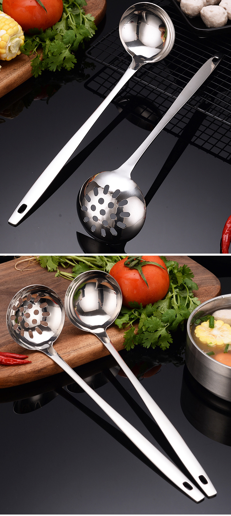 Long Handle Stainless Steel Soup Ladle Soup Ladle Leak Thickened Hot Pot Spoon Colander Household Kitchen Utensils Hotel Restaurant Supplies