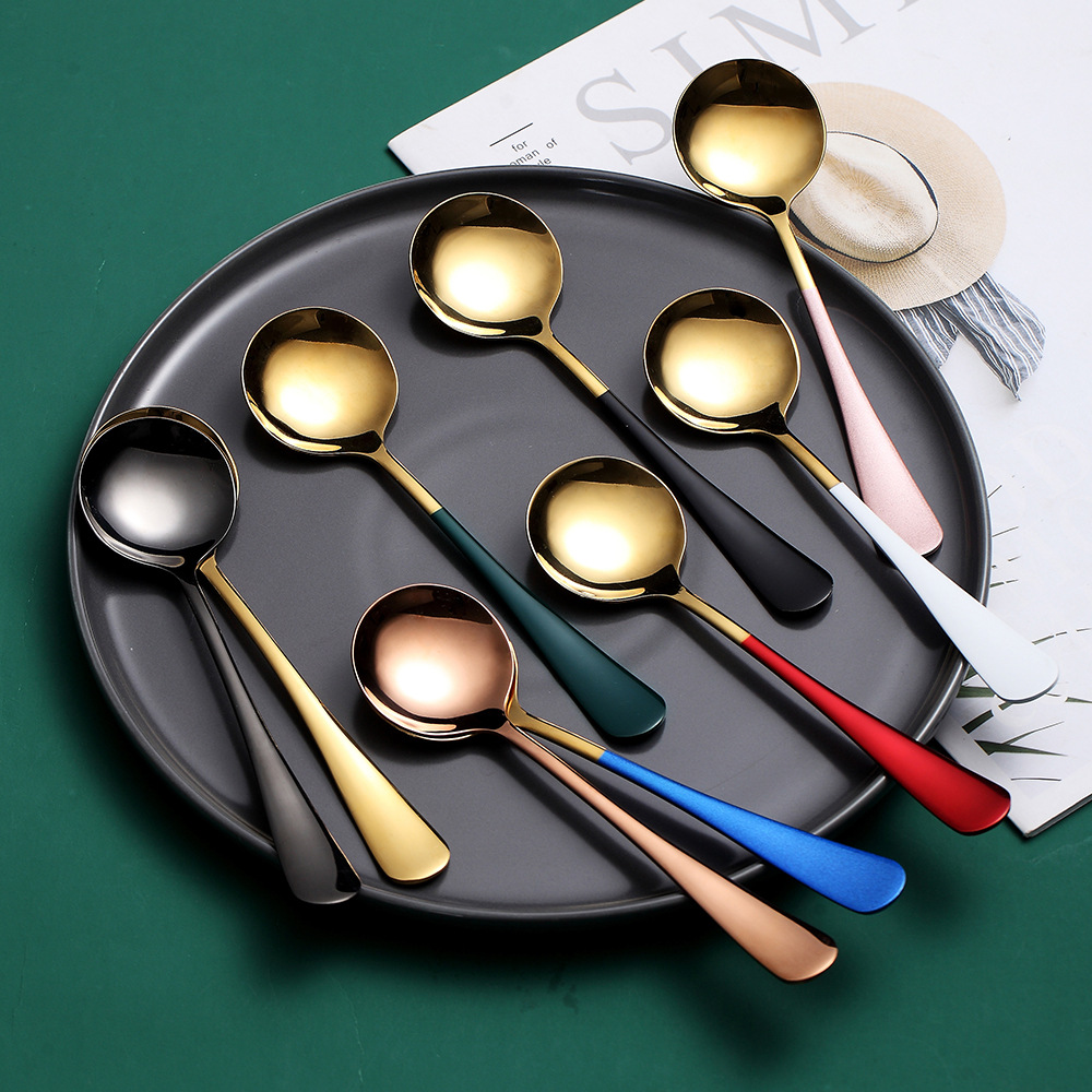 Internet Celebrity Spoon Household Stainless Steel Soup Ladle Eating Soup Watermelon Spoon Cute Creative Long Handle Korean Dessert Spoon