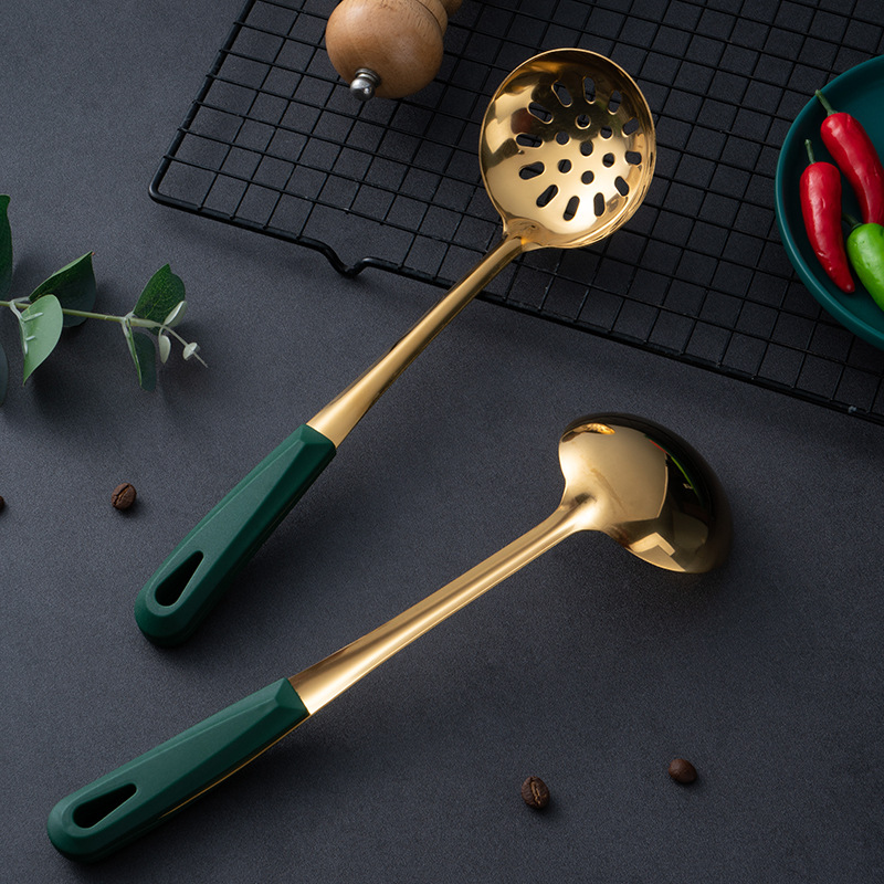New Internet Celebrity 304 Stainless Steel Soup Ladle Colander Long Handle Hot Pot Spoon Ins Dark Green Gold Plated Soup Ladle Kitchen Set