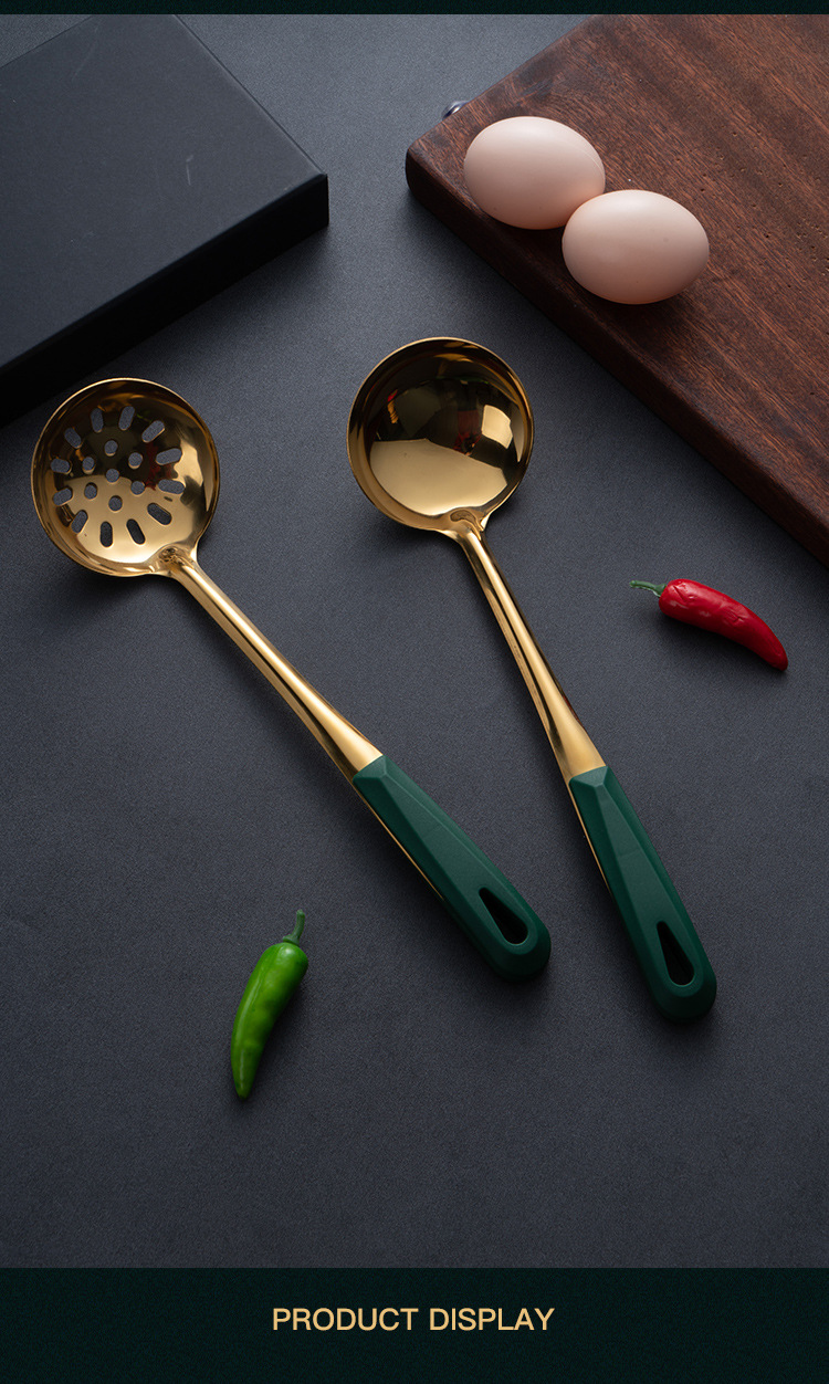 New Internet Celebrity 304 Stainless Steel Soup Ladle Colander Long Handle Hot Pot Spoon Ins Dark Green Gold Plated Soup Ladle Kitchen Set