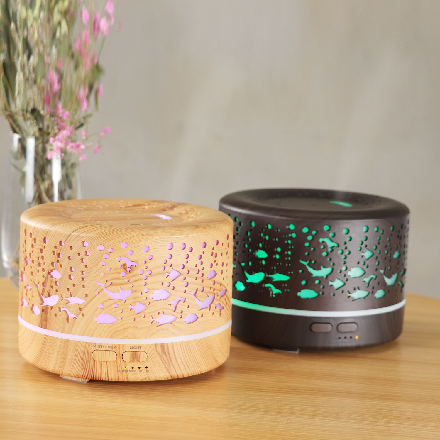 Underwater World Hollow Colorful Large Capacity 500ml Aroma Diffuser Essential Oil Diffuser Wood Grain Humidifier Manufacturer