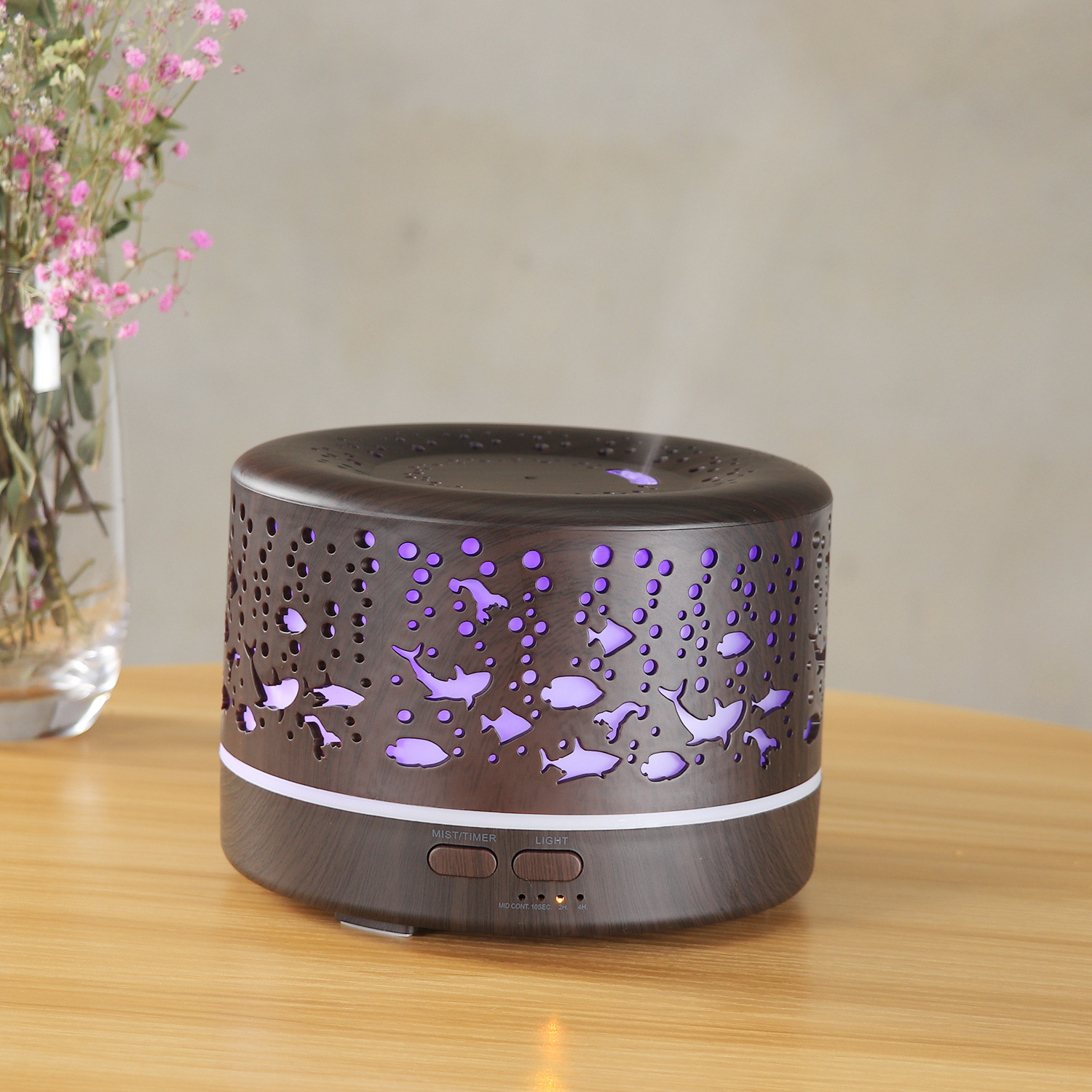 Underwater World Hollow Colorful Large Capacity 500ml Aroma Diffuser Essential Oil Diffuser Wood Grain Humidifier Manufacturer