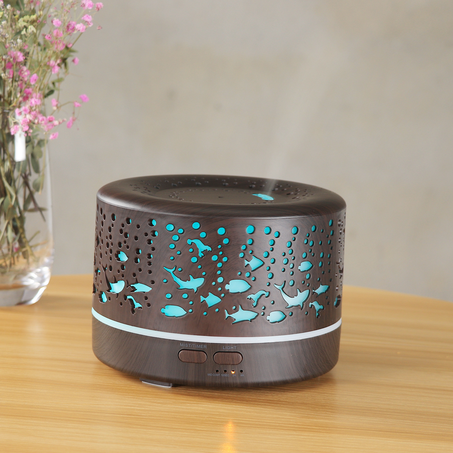 Underwater World Hollow Colorful Large Capacity 500ml Aroma Diffuser Essential Oil Diffuser Wood Grain Humidifier Manufacturer