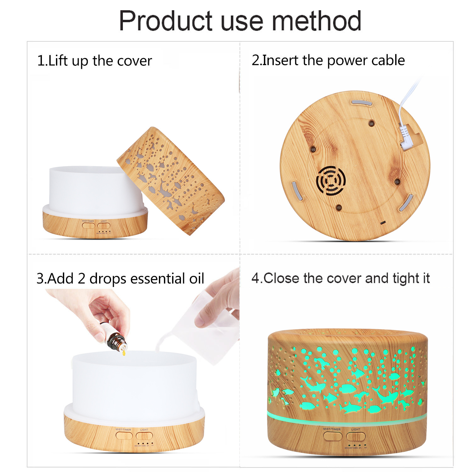Underwater World Hollow Colorful Large Capacity 500ml Aroma Diffuser Essential Oil Diffuser Wood Grain Humidifier Manufacturer