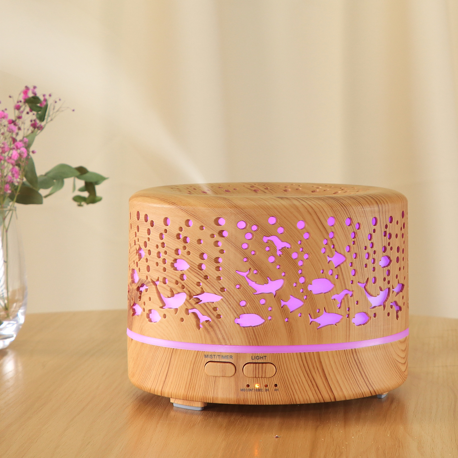 Underwater World Hollow Colorful Large Capacity 500ml Aroma Diffuser Essential Oil Diffuser Wood Grain Humidifier Manufacturer
