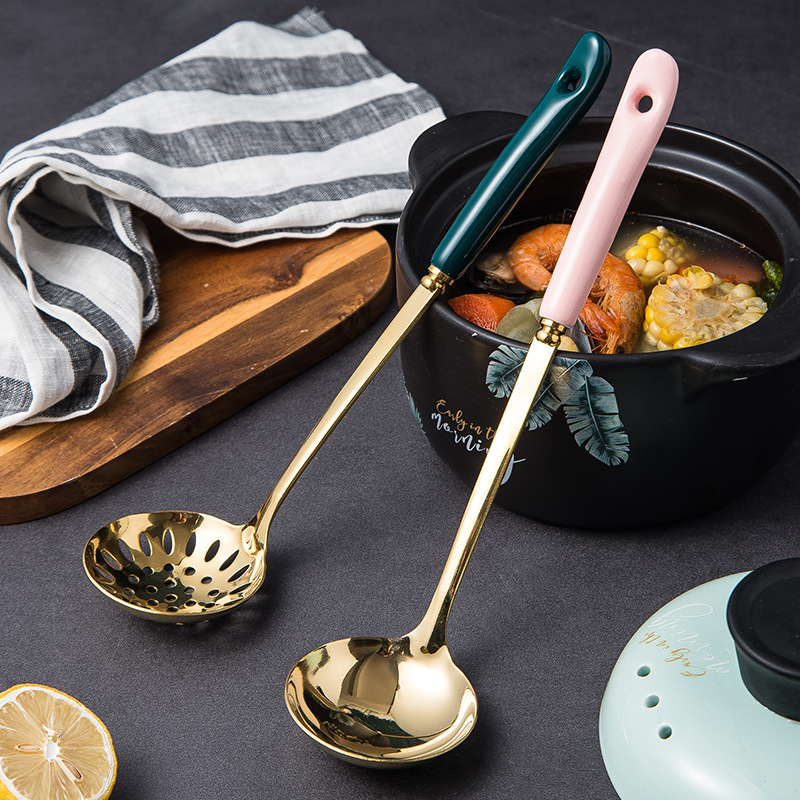 Chaobai Creative Ceramic Stainless Steel Soup Ladle Perforated Ladle Glaze Stainless Steel 7cm Hot Pot Spoon Colander Kitchenware Soup Ladle