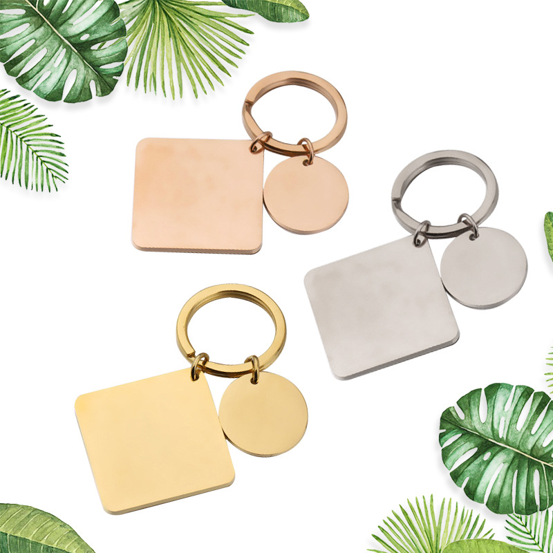 Calendar Stainless Steel Square round Card Geometric Keychain DIY Couple Key Ring Buckle Can Carve Writing Ornament Accessories
