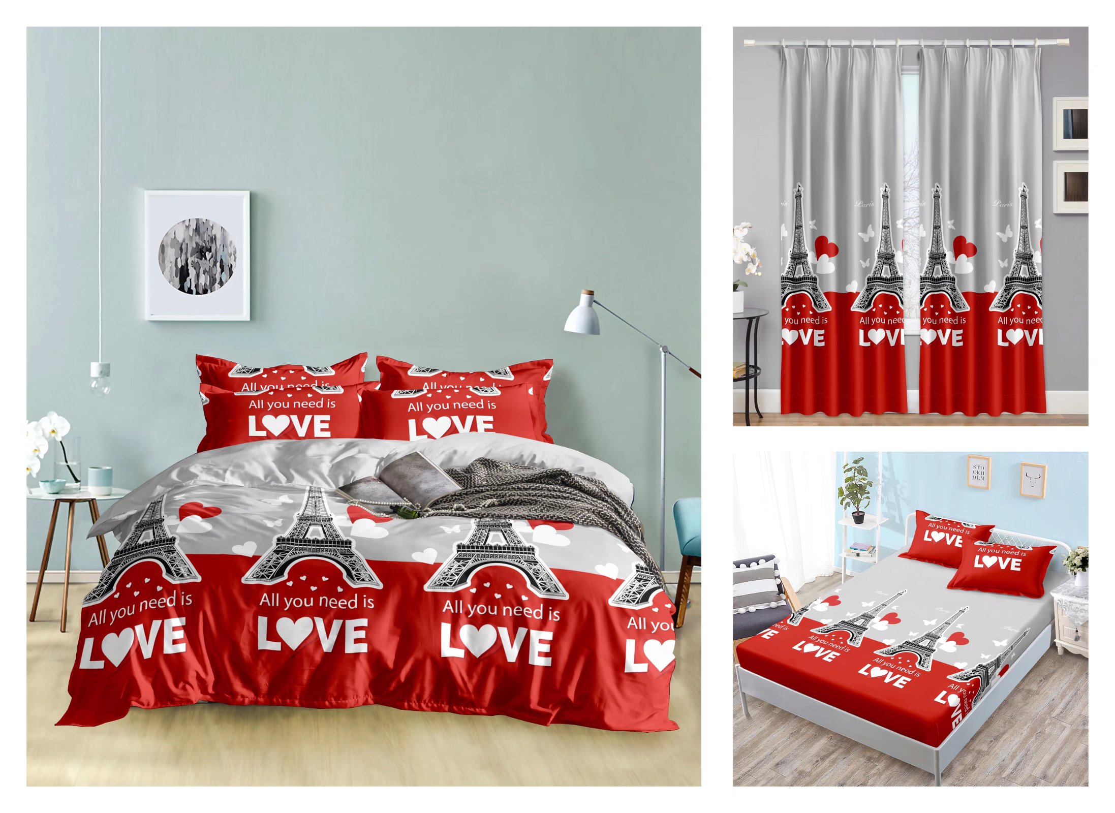 Curtain Fitted Sheet and Bed Sheet Four-Piece Bedding Set Fashion New Kit Love