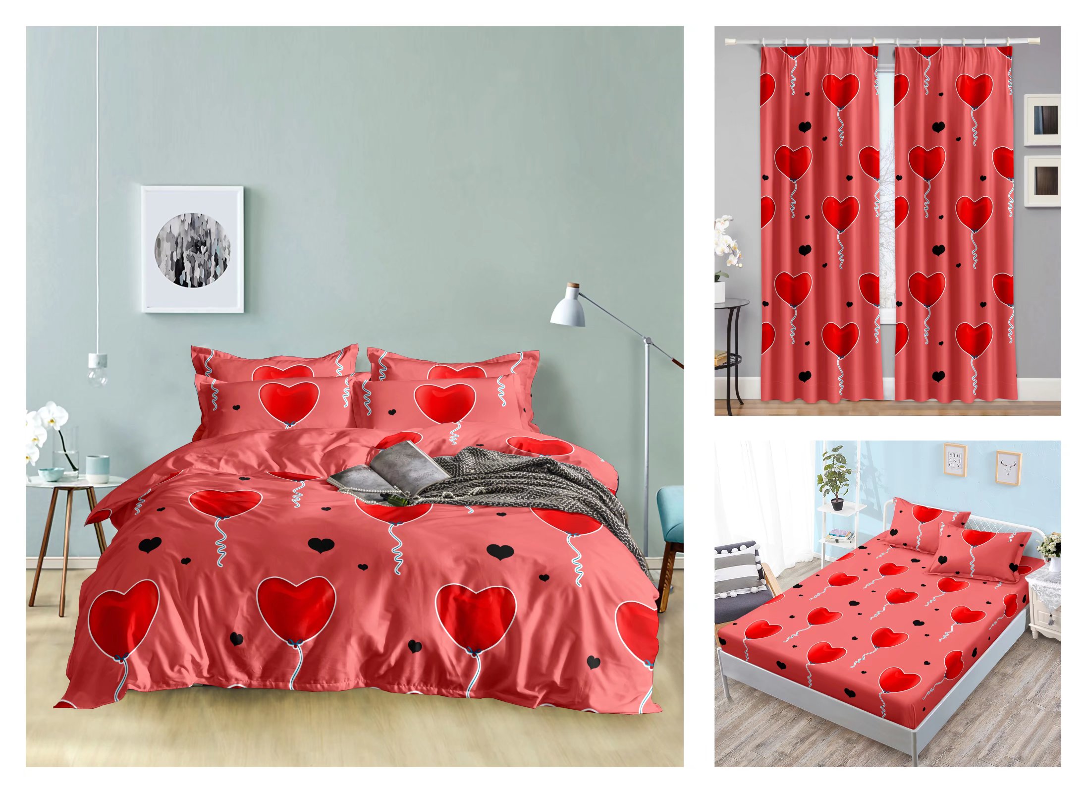 Curtain Fitted Sheet and Bed Sheet Four-Piece Bedding Set Fashion New Kit Love