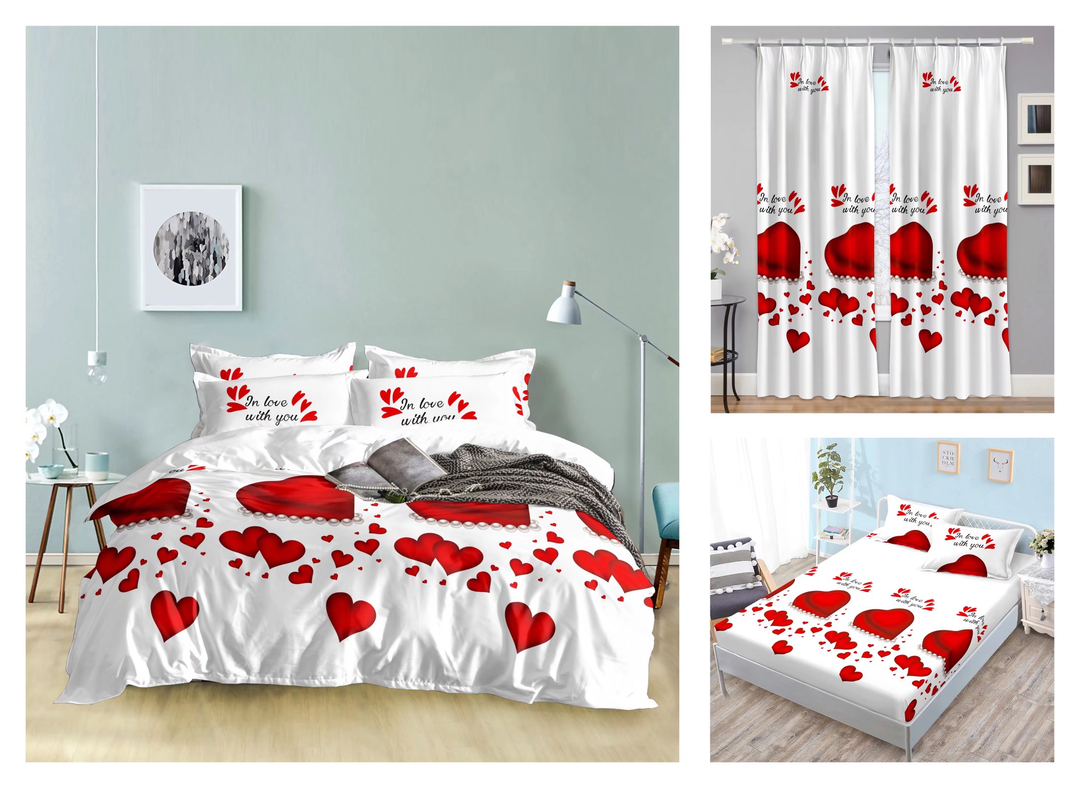 Curtain Fitted Sheet and Bed Sheet Four-Piece Bedding Set Fashion New Kit Love