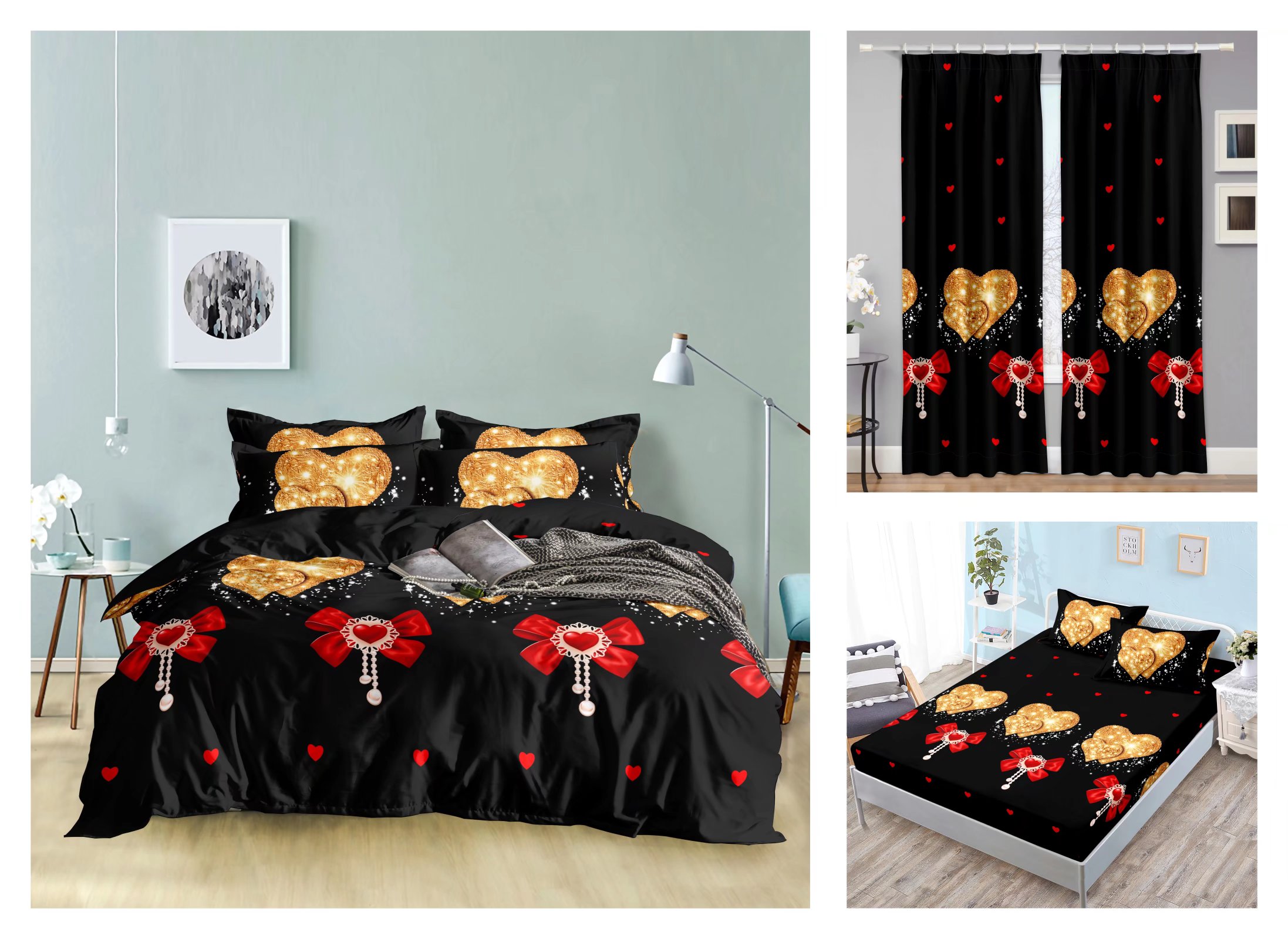 Curtain Fitted Sheet and Bed Sheet Four-Piece Bedding Set Fashion New Kit Love