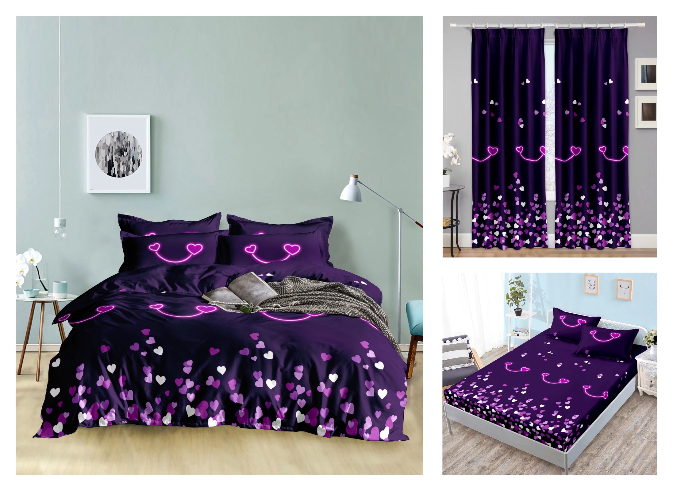Curtain Fitted Sheet and Bed Sheet Four-Piece Bedding Set Fashion New Kit Love