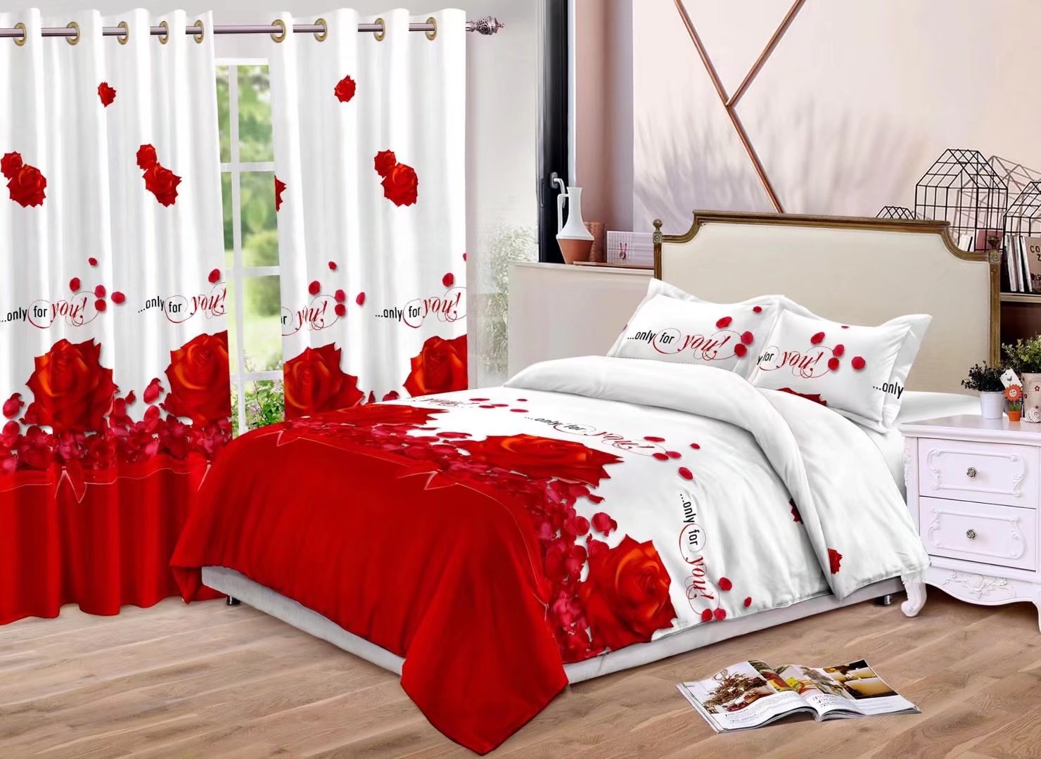 Curtain Fitted Sheet and Bed Sheet Four-Piece Bedding Set Fashion New Kit Love