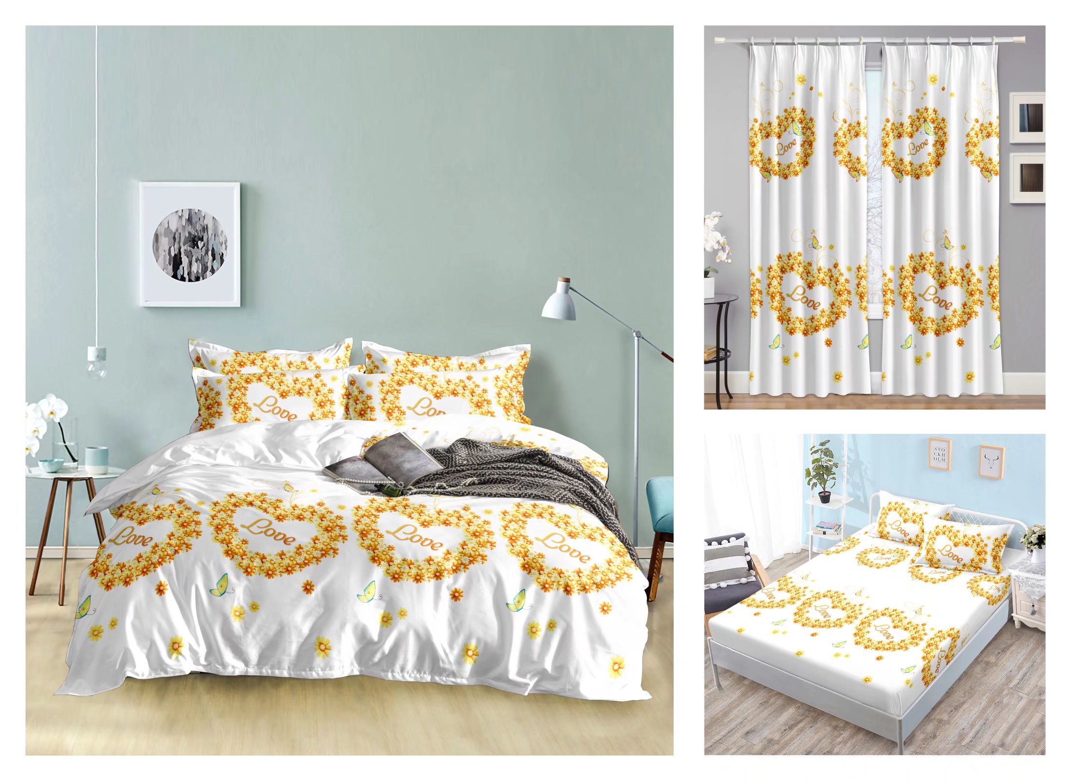 Curtain Fitted Sheet and Bed Sheet Four-Piece Bedding Set Fashion New Kit Love