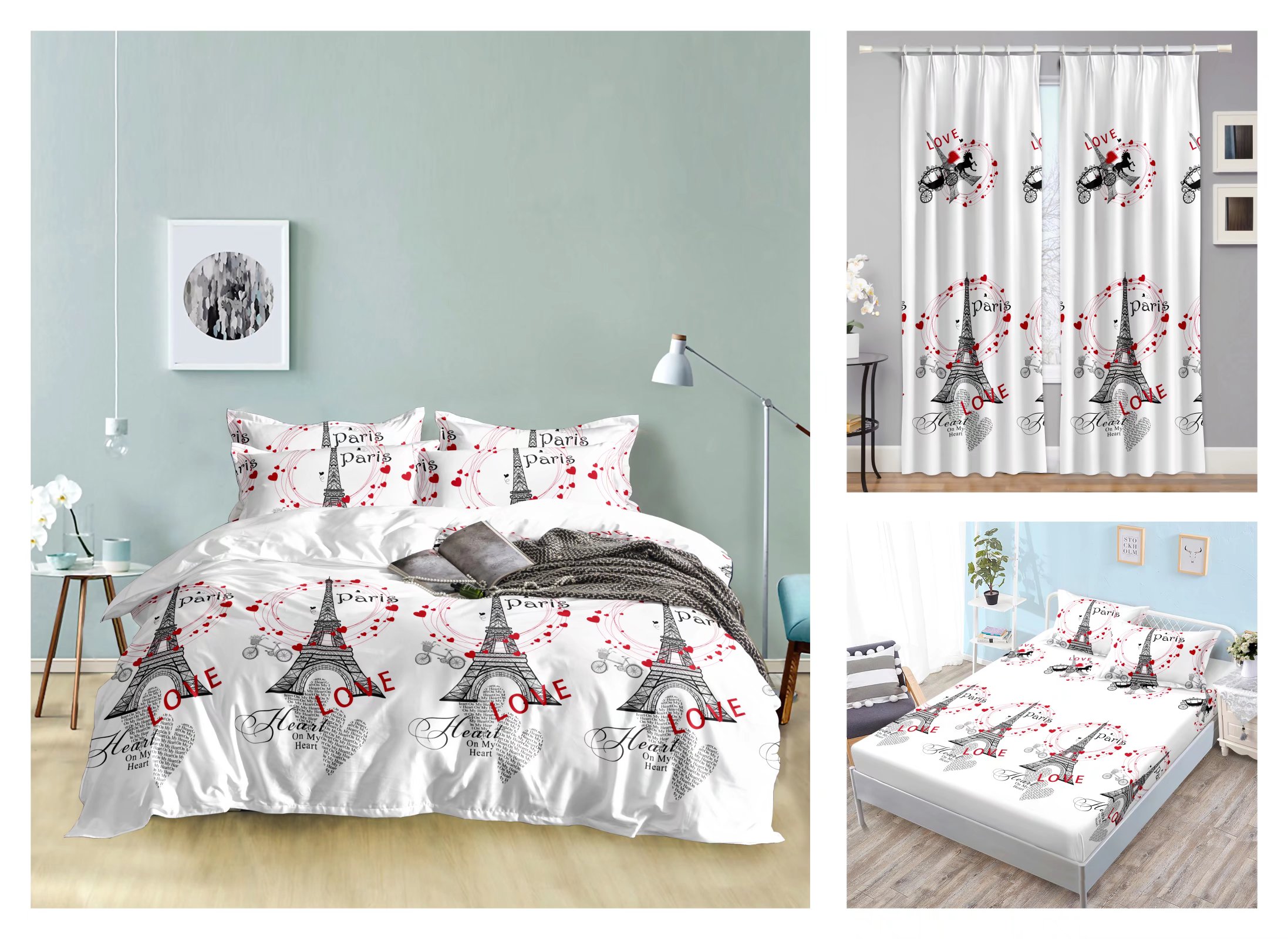 Curtain Fitted Sheet and Bed Sheet Four-Piece Bedding Set Fashion New Kit Love