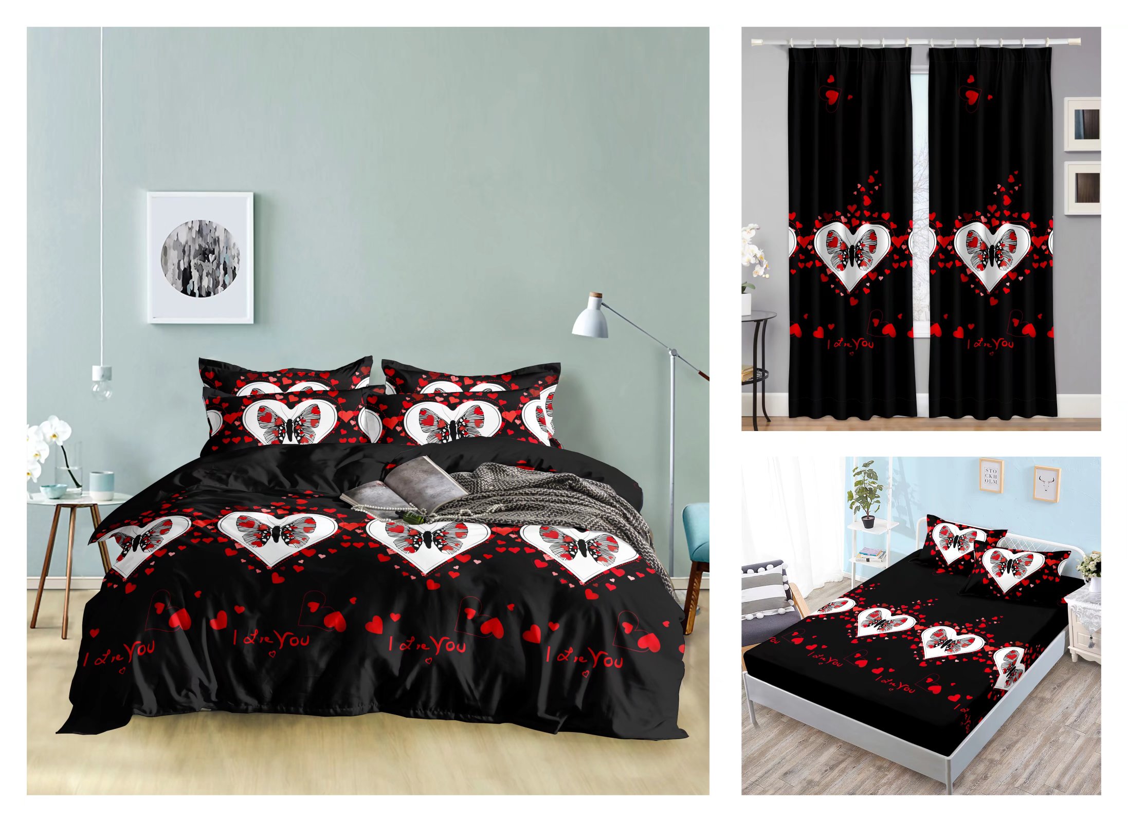 Curtain Fitted Sheet and Bed Sheet Four-Piece Bedding Set Fashion New Kit Love