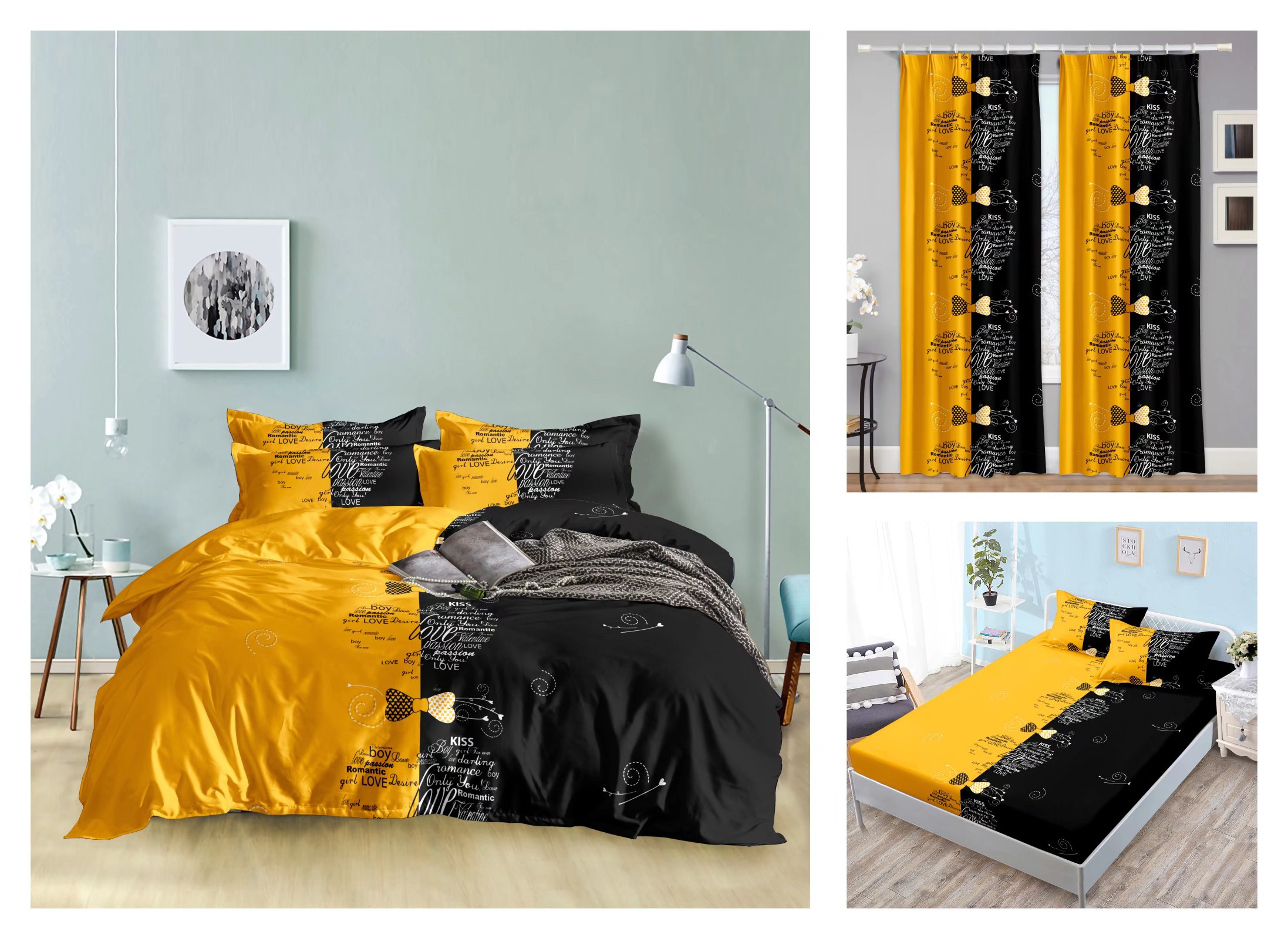 Curtain Fitted Sheet and Bed Sheet Four-Piece Bedding Set Fashion New Kit Love