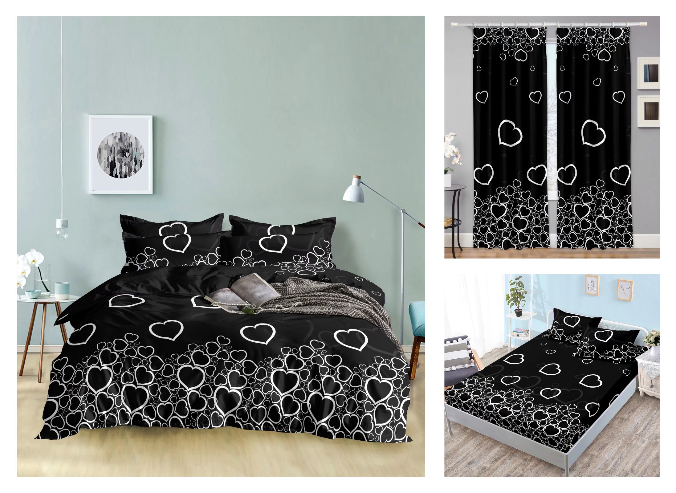 Curtain Fitted Sheet and Bed Sheet Four-Piece Bedding Set Fashion New Kit Love