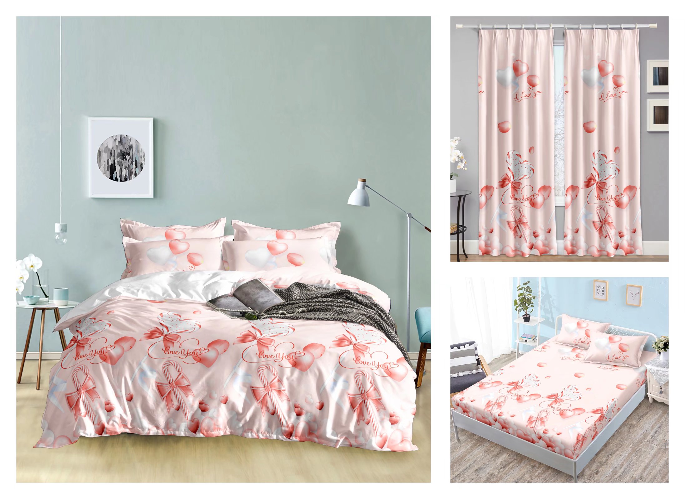 Curtain Fitted Sheet and Bed Sheet Four-Piece Bedding Set Fashion New Kit Love