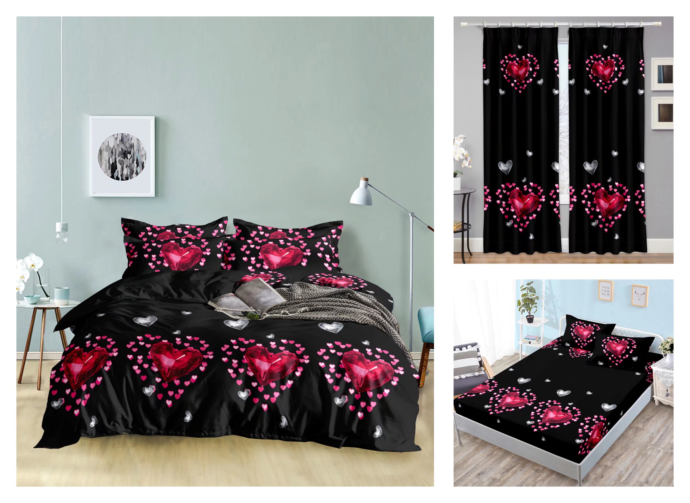 Curtain Fitted Sheet and Bed Sheet Four-Piece Bedding Set Fashion New Kit Love