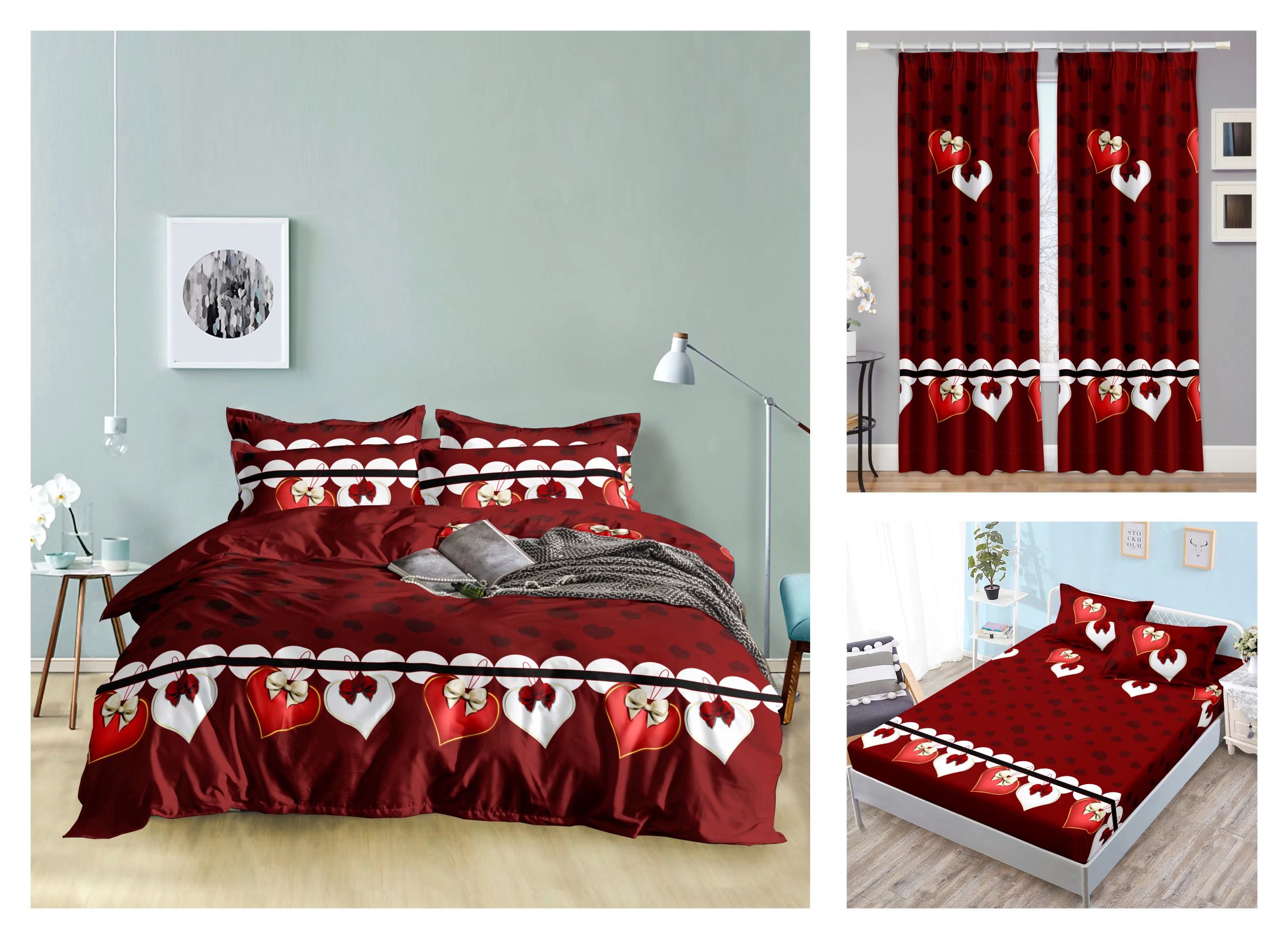 Curtain Fitted Sheet and Bed Sheet Four-Piece Bedding Set Fashion New Kit Love