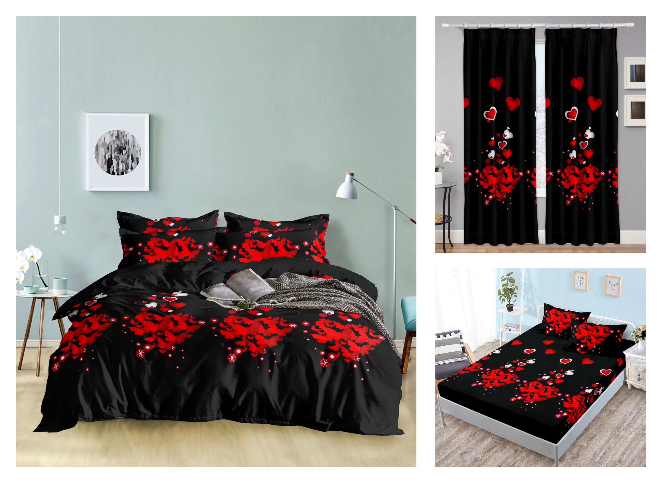 Curtain Fitted Sheet and Bed Sheet Four-Piece Bedding Set Fashion New Kit Love