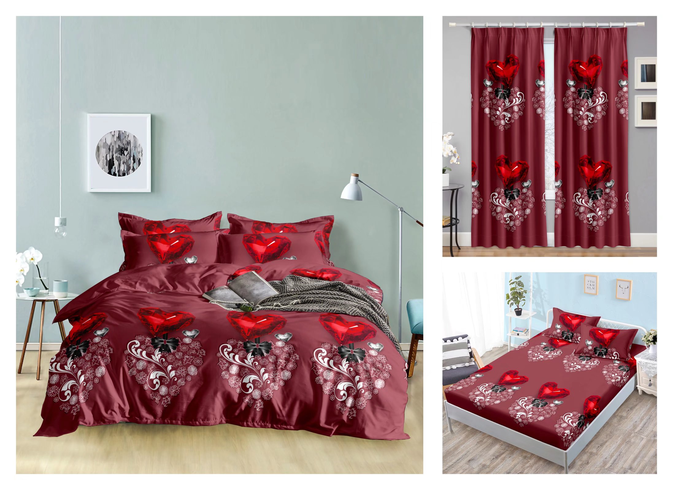 Curtain Fitted Sheet and Bed Sheet Four-Piece Bedding Set Fashion New Kit Love