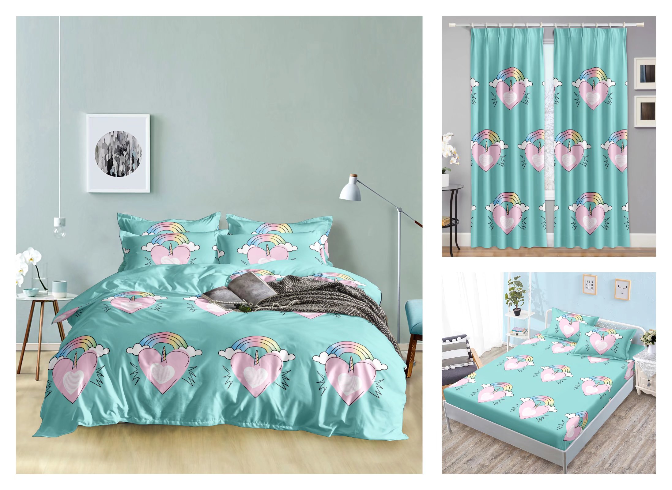 Curtain Fitted Sheet and Bed Sheet Four-Piece Bedding Set Fashion New Kit Love