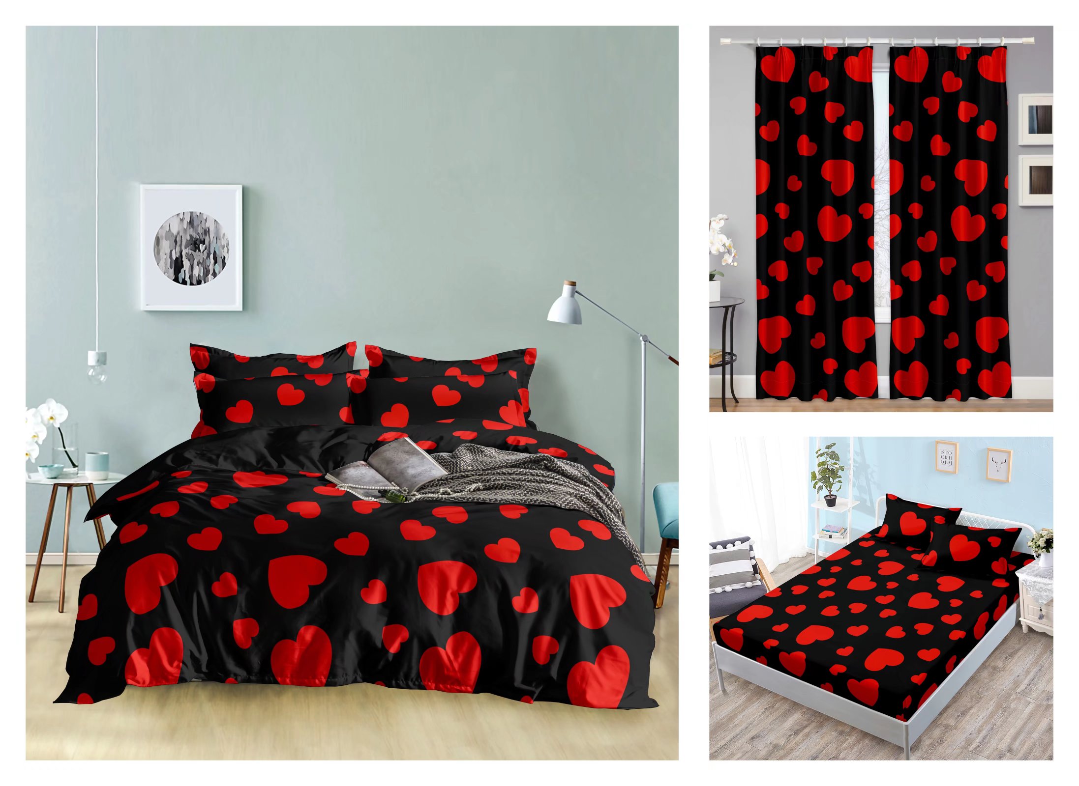 Curtain Fitted Sheet and Bed Sheet Four-Piece Bedding Set Fashion New Kit Love