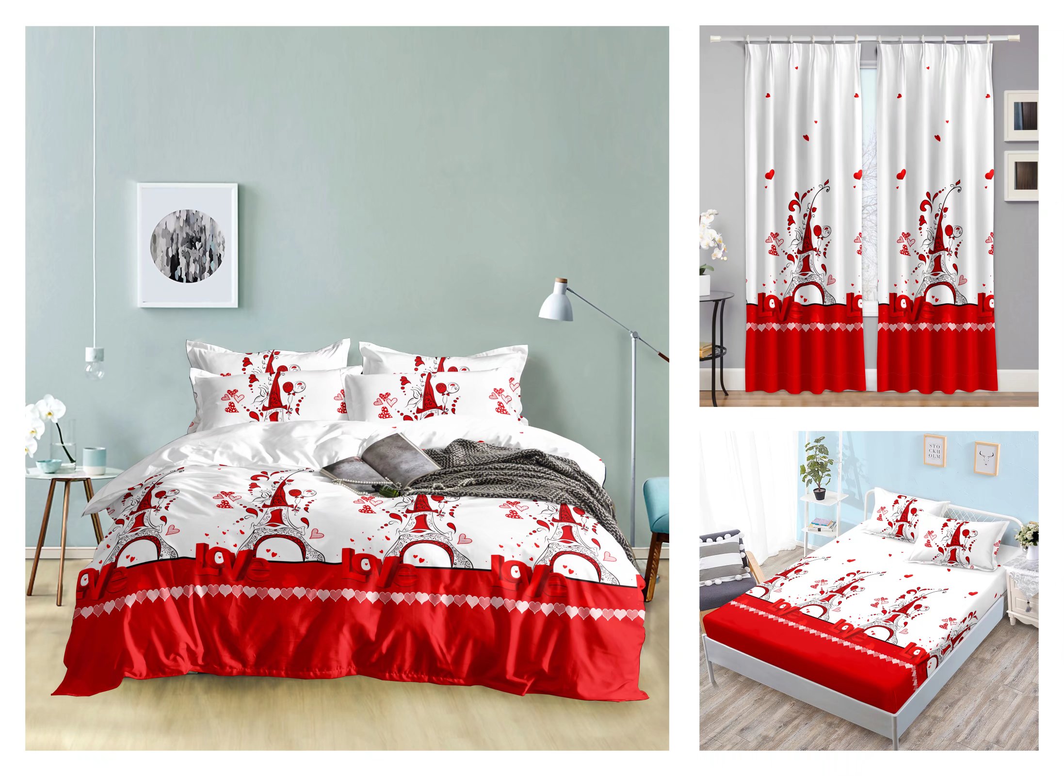 Curtain Fitted Sheet and Bed Sheet Four-Piece Bedding Set Fashion New Kit Love