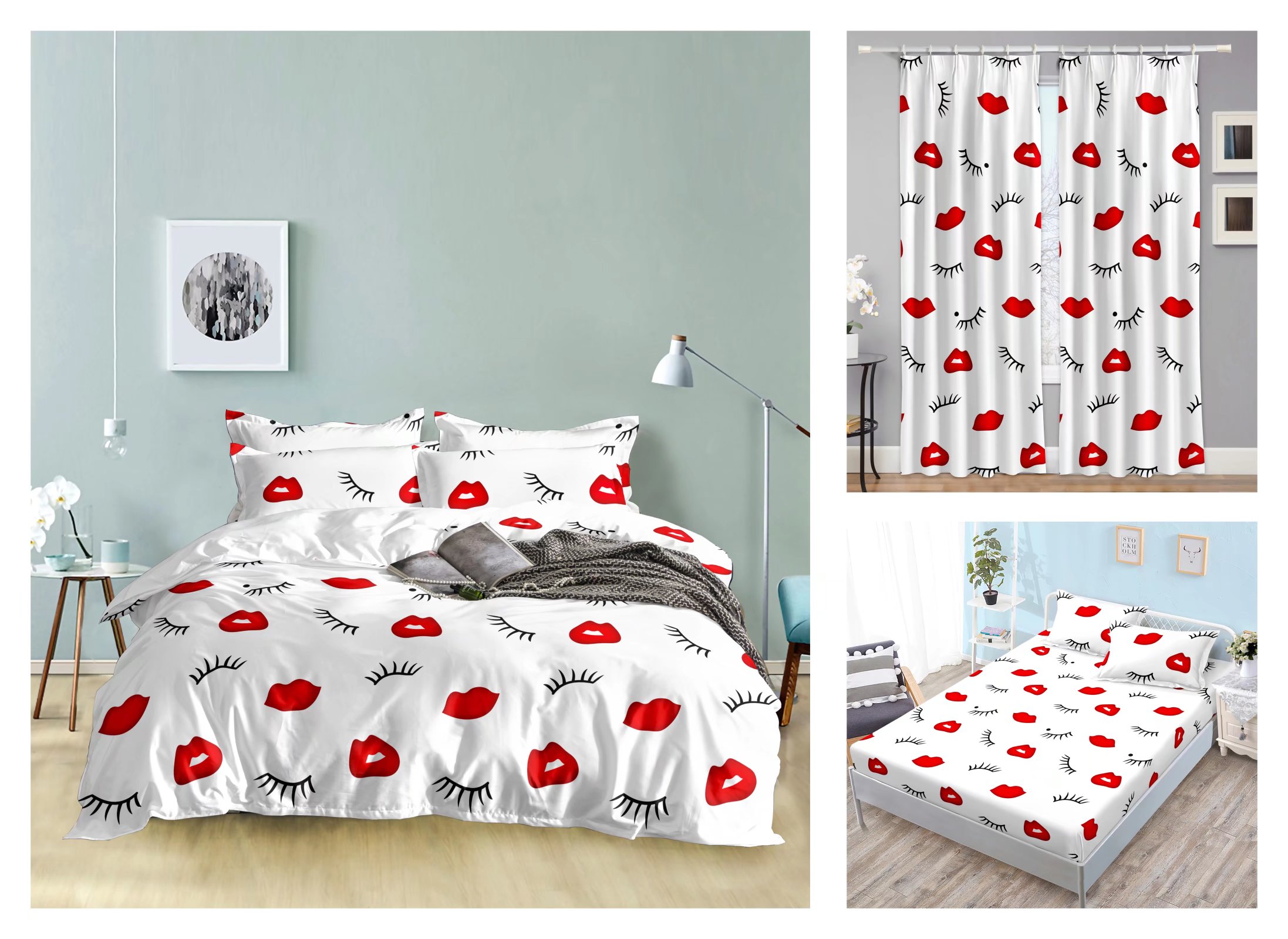 Curtain Fitted Sheet and Bed Sheet Four-Piece Bedding Set Fashion New Kit Love
