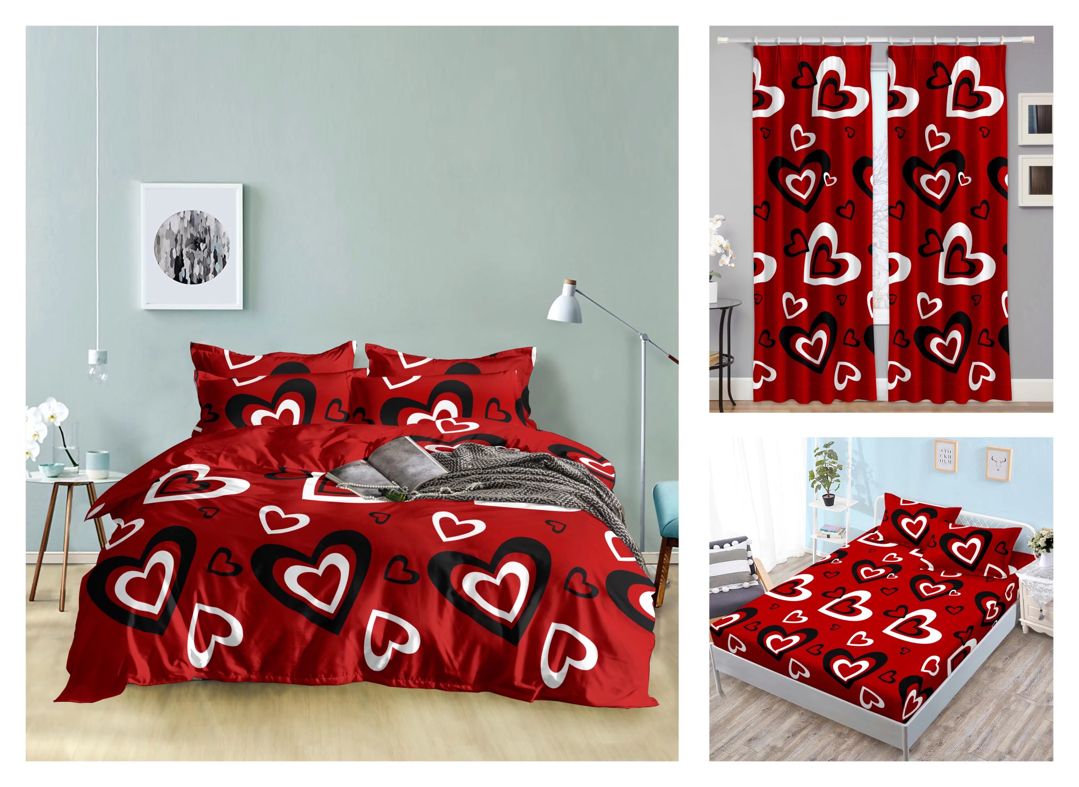 Curtain Fitted Sheet and Bed Sheet Four-Piece Bedding Set Fashion New Kit Love