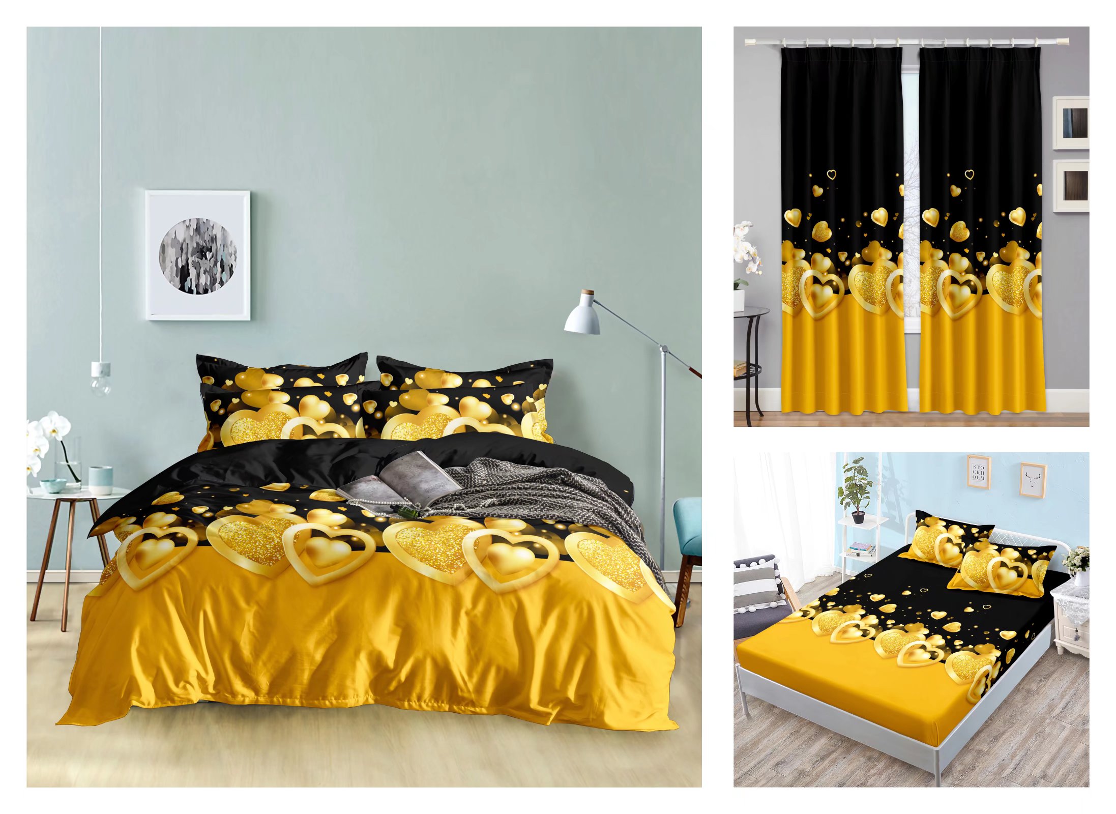 Curtain Fitted Sheet and Bed Sheet Four-Piece Bedding Set Fashion New Kit Love