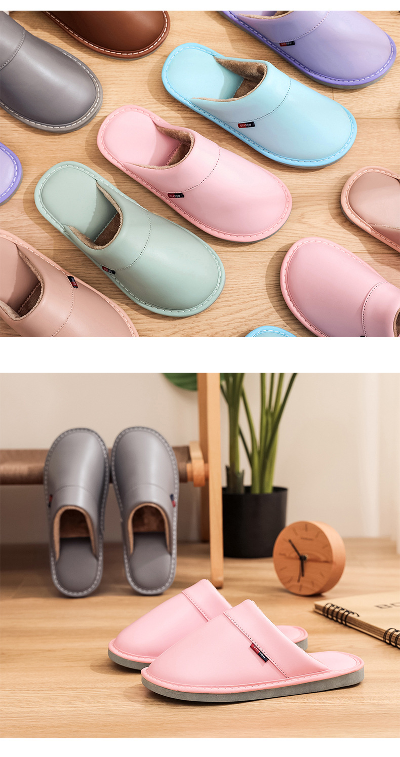 2021 New Autumn and Winter Solid Color Leather Slippers Women's Home Indoor Non-Slip Thick Bottom and Warm Keeping Woolen Slipper Floor Slippers