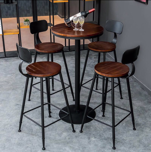 Iron Retro High-Leg Table and Chair Bar Stool Solid Wood Table and Chair Combination Bar Counter Small Eight-Immortal Table Small round Table Eight-Immortal Table Leather Stool