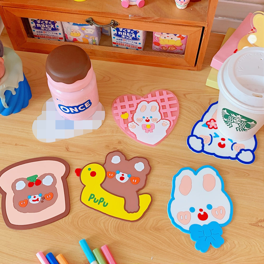 Cartoon Creative Insulation Household Silicone Coaster Cute Cha Cha Bear Non-Slip High Temperature Resistant Desktop Water Cup Mat Coasters Cute
