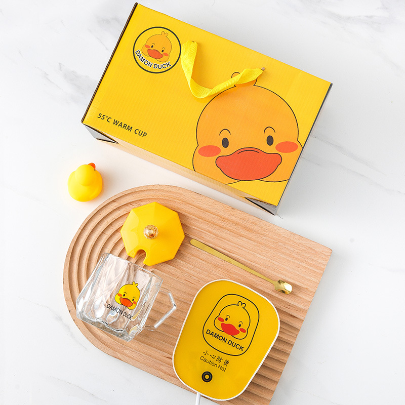 Small Yellow Duck Warm Cup Gift Box Glass 55 Degrees Constant Temperature Coaster Set TikTok Live Streaming on Kwai One Piece Dropshipping