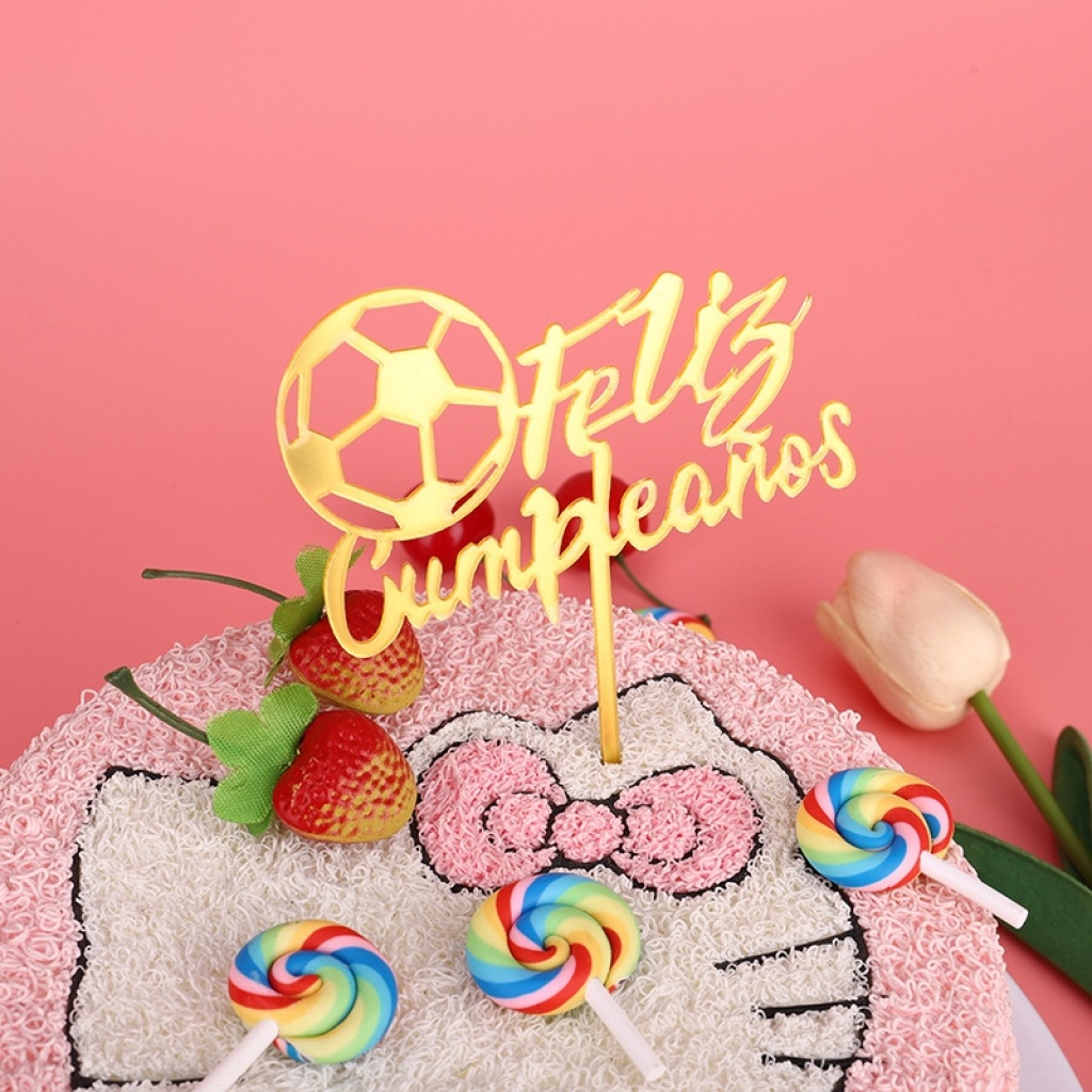 Creative Football Cake Ornaments Spanish Happy Birthday Decorative Card Birthday Cake Dessert Table Acrylic Ornament