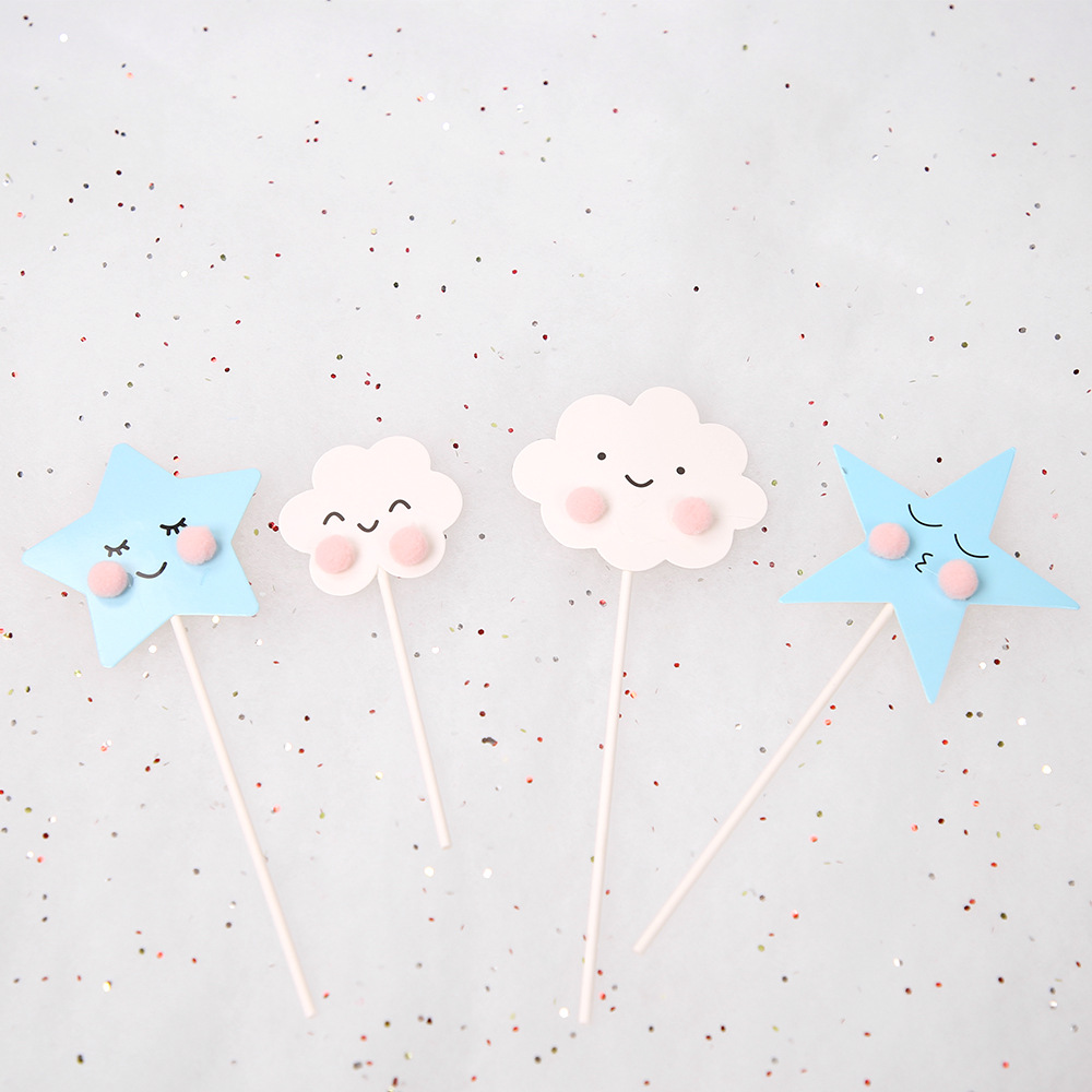 Cute fur ball cloud star cake decoration card smiling face cloud birthday cake decoration card dessert table decoration card