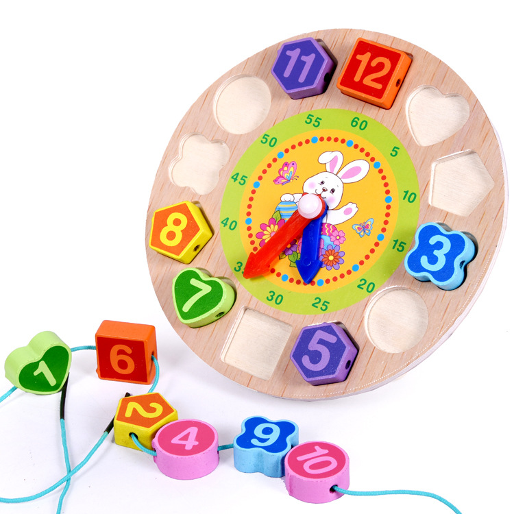 Wooden Children&#039;s Early Education Educational Color Shape Cognition Pairing Cartoon Animal Digital String of Beads Clock Toy