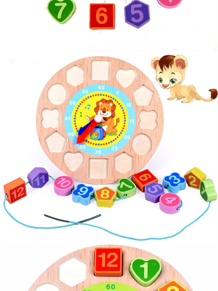 Wooden Children's Early Education Educational Color Shape Cognition Pairing Cartoon Animal Digital String of Beads Clock Toy