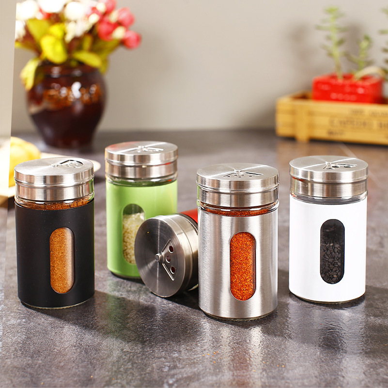 Household Kitchen Utensils Stainless Steel Spice Jar Adjustable Size Barbecue Shaker Salt Pepper Glass Condiment Bottle