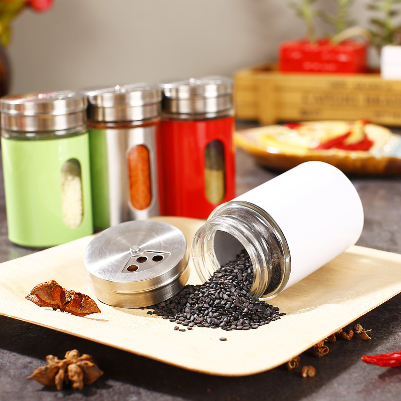 Household Kitchen Utensils Stainless Steel Spice Jar Adjustable Size Barbecue Shaker Salt Pepper Glass Condiment Bottle