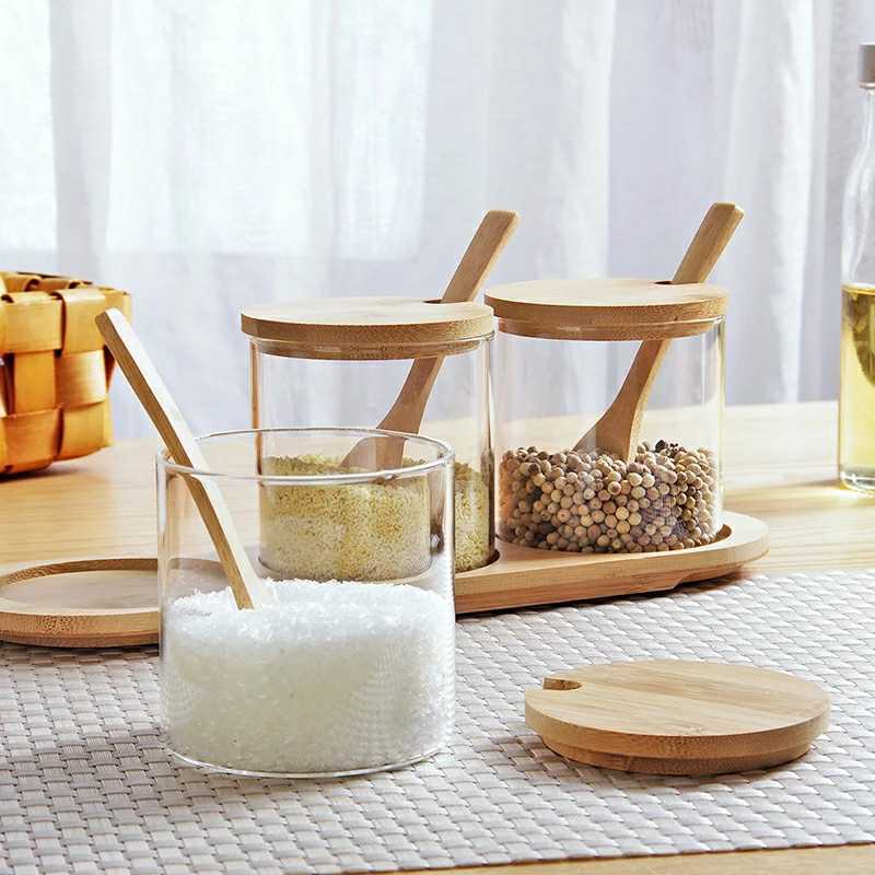 Borosilicate Glass Seasoning Jar Glass Salt Jar Set Kitchen Pepper Seasoning Box Household Glass Condiment Dispenser