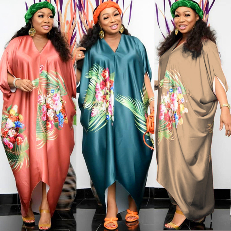 2022 Cross-Border Amazon Spring New African Large Size Women&#039;s Printed Loose Batwing Sleeve Dress GH