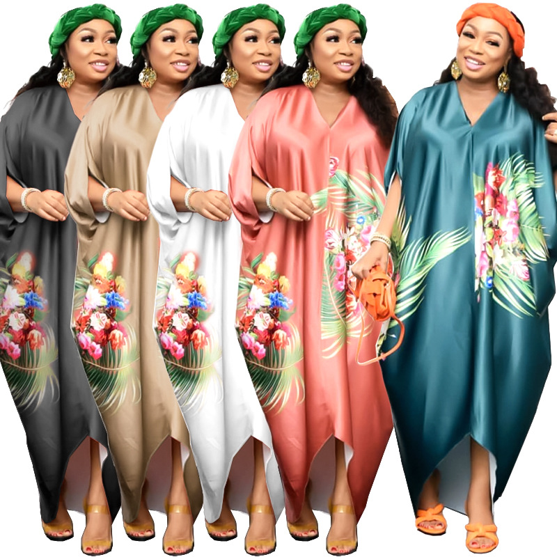2022 Cross-Border Amazon Spring New African Large Size Women&#039;s Printed Loose Batwing Sleeve Dress GH