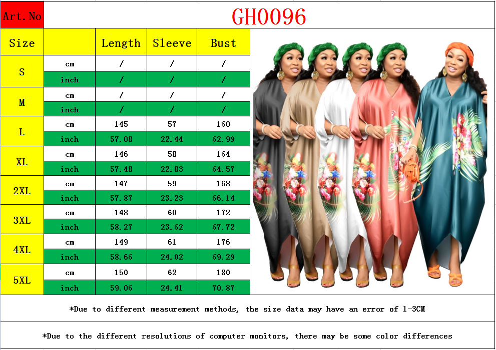 2022 Cross-Border Amazon Spring New African Large Size Women's Printed Loose Batwing Sleeve Dress GH